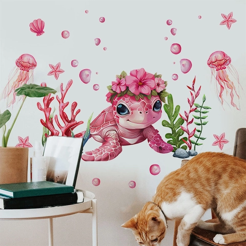 Cartoon Pink Sea Turtle Sea Creatures Wall Stickers Removable PVC Decals For Kids Room Nursery Bedroom Home Decor