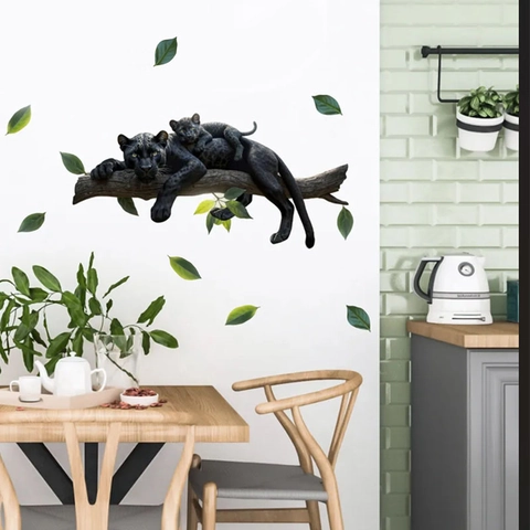 Pegatina de Pared de Animal Pantera Negra Realista PVC Autoadhesiva Removible Decoración de Hogar Para Dormitorio Sala de Estar Hojas Verdes