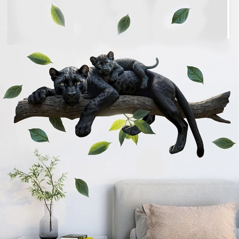 Pegatina de Pared de Animal Pantera Negra Realista PVC Autoadhesiva Removible Decoración de Hogar Para Dormitorio Sala de Estar Hojas Verdes