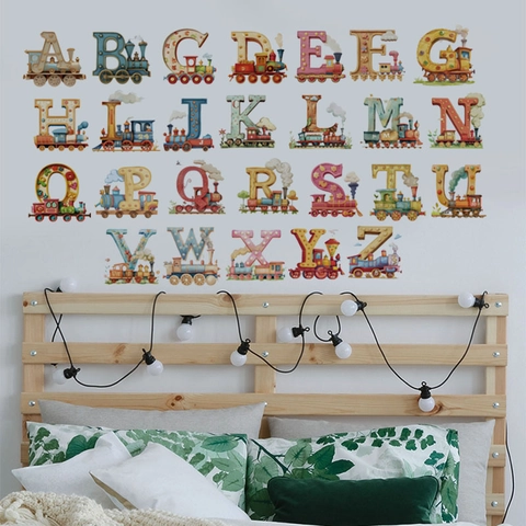 Adesivi Murali Alfabeto Treno Per Decorazione Cameretta Bambini PVC Lettere Rimovibili Decalcomanie Educative Treno Cartone Animato Parete