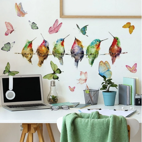 Adesivi Murali Uccelli Acquerello Farfalle PVC Removibile Autoadesivo Murale Per Soggiorno Camera Da Letto Casa Decorazione