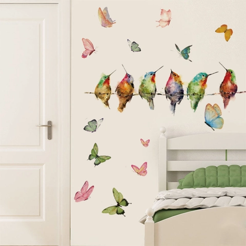 Adesivi Murali Uccelli Acquerello Farfalle PVC Removibile Autoadesivo Murale Per Soggiorno Camera Da Letto Casa Decorazione