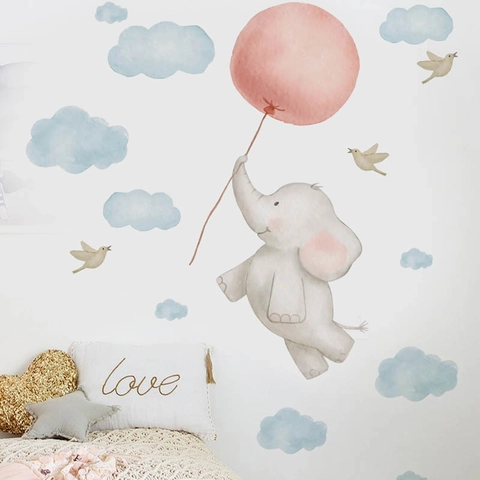 Vinilo Decorativo de Elefante en Acuarela con Globo Rosa Mural de PVC Removible para Habitación Infantil y Dormitorio