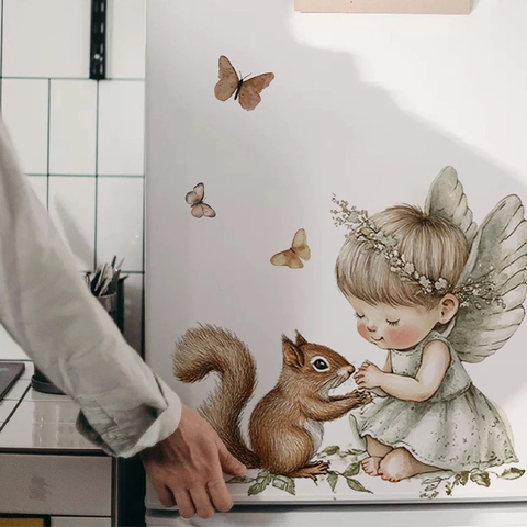 Aquarell Fee Und Eichhörnchen Wandtattoo Wasserdicht PVC Schmetterling Aufkleber Für Kinderzimmer Schlafzimmer Heimdekor
