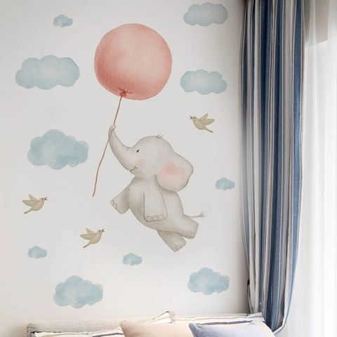 Vinilo Decorativo de Elefante en Acuarela con Globo Rosa Mural de PVC Removible para Habitación Infantil y Dormitorio