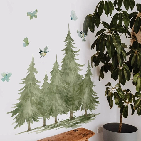 Aquarell Kiefer Wandaufkleber Wald Wandtattoo PVC Abnehmbar Baum Vogel Schmetterling Wandbild Für Wohnzimmer Schlafzimmer Wanddeko