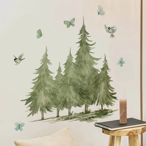 Aquarell Kiefer Wandaufkleber Wald Wandtattoo PVC Abnehmbar Baum Vogel Schmetterling Wandbild Für Wohnzimmer Schlafzimmer Wanddeko