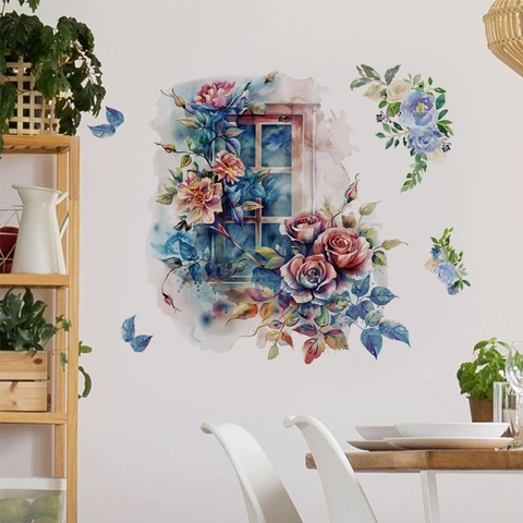 Aquarell Blume Fenster Wandtattoo PVC Wasserdicht Abnehmbare Schmetterling Wandaufkleber Für Haus Schlafzimmer Wohnzimmer Deko