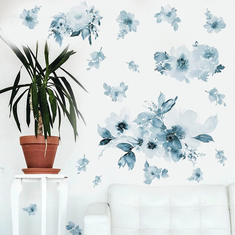 Aquarell Blaue Blumen Wandtattoo Abnehmbare PVC Selbstklebende Florale Aufkleber Für Schlafzimmer Wohnzimmer Haus Deko Elegant Kunst
