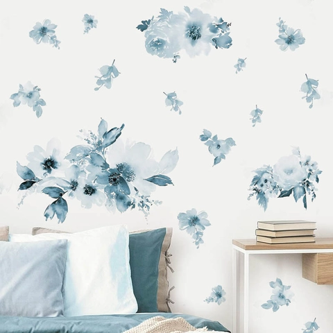 Aquarell Blaue Blumen Wandtattoo Abnehmbare PVC Selbstklebende Florale Aufkleber Für Schlafzimmer Wohnzimmer Haus Deko Elegant Kunst