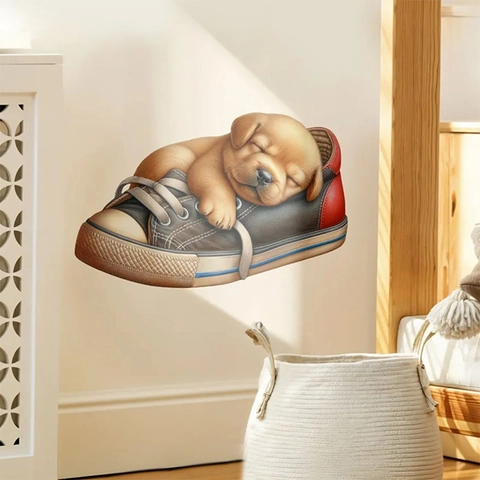 3D Visual Effect Realistic Sleeping Puppy In Sneaker Wall Sticker Waterproof PVC Removable Home Decor For Bedroom Entryway