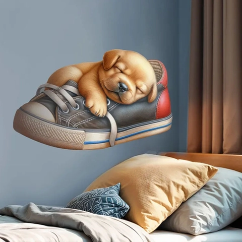 3D Visual Effect Realistic Sleeping Puppy In Sneaker Wall Sticker Waterproof PVC Removable Home Decor For Bedroom Entryway