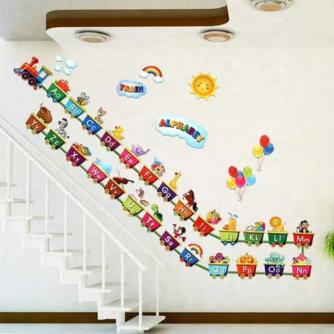 Cartoon Alphabet Train Wall Sticker For Kids Room Nursery Decor Colorful A-Z Animal ABC Educational DIY PVC Wall Decal