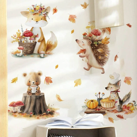 Stickers Muraux Animaux de la Forêt d'Automne Aquarelle Renard Hérisson Ours Citrouille Champignon PVC Auto-adhésif Amovible Décoration