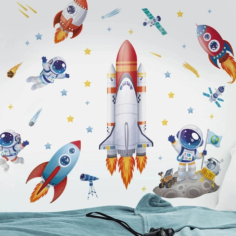 Adesivo Murale Cartone Animato Astronauta Razzo PVC Rimovibile Autoadesivo per Camera Bambini Letto Soggiorno Casa Arredo Spazio