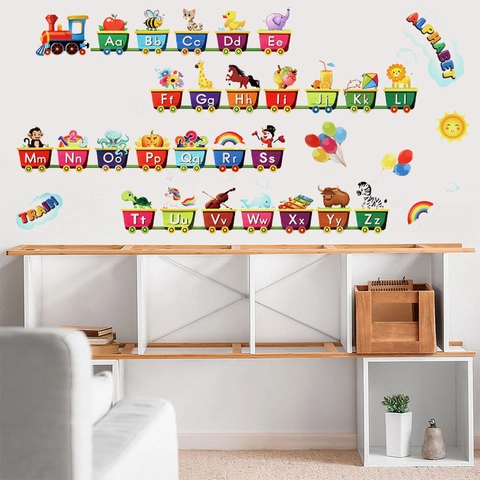 Cartoon Alphabet Train Wall Sticker For Kids Room Nursery Decor Colorful A-Z Animal ABC Educational DIY PVC Wall Decal