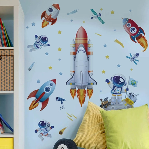 Adesivo Murale Cartone Animato Astronauta Razzo PVC Rimovibile Autoadesivo per Camera Bambini Letto Soggiorno Casa Arredo Spazio