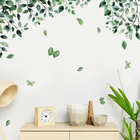 Sticker Mural Feuille Verte Papillon PVC Amovible Auto-adhésif Aquarelle Plante Sticker Mural Décor de Fond de Salon