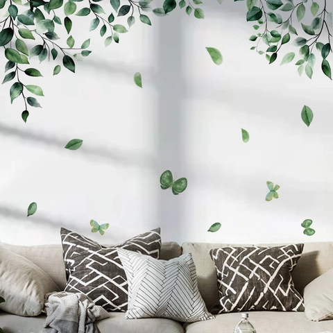 Sticker Mural Feuille Verte Papillon PVC Amovible Auto-adhésif Aquarelle Plante Sticker Mural Décor de Fond de Salon