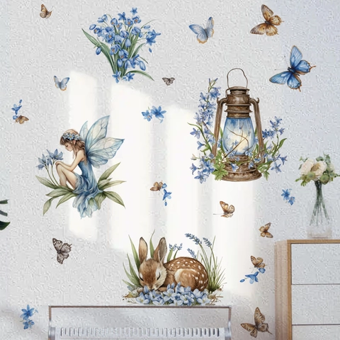 Adesivi Murali Angelo Fata Acquerello Farfalla Fiori Blu Lanterna Vintage Coniglio Cervo Adesivi per Parete Cameretta Bambini Decorazione Casa