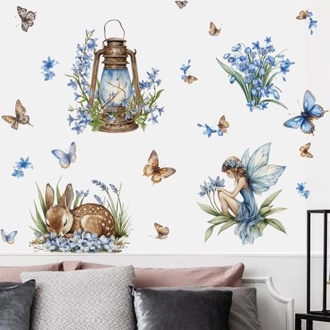 Adesivi Murali Angelo Fata Acquerello Farfalla Fiori Blu Lanterna Vintage Coniglio Cervo Adesivi per Parete Cameretta Bambini Decorazione Casa