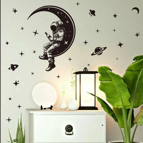 Sticker Mural Astronaute de l'Espace sur la Lune Décalcomanie PVC Amovible Silhouette Noire Étoiles Fusée UFO pour Chambre