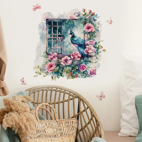 Adesivo da Parete Finestra con Pavone Blu e Rosa Rosa Acquerello Rimovibile in PVC Effetto 3D per Soggiorno Camera da Letto