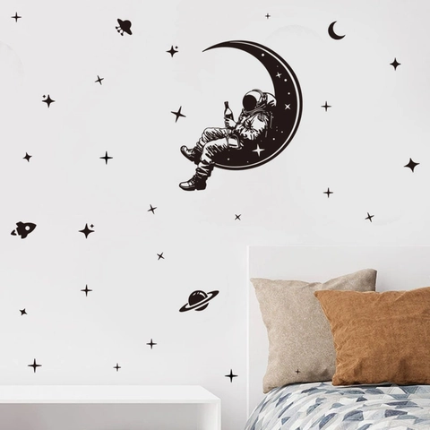 Sticker Mural Astronaute de l'Espace sur la Lune Décalcomanie PVC Amovible Silhouette Noire Étoiles Fusée UFO pour Chambre