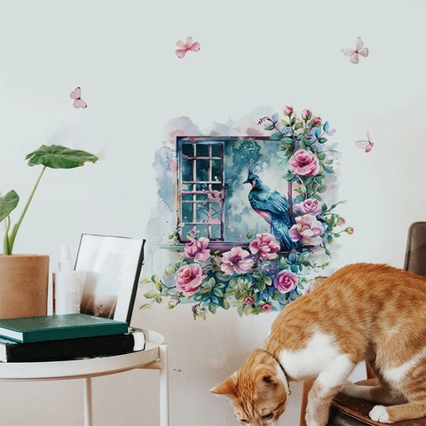 Adesivo da Parete Finestra con Pavone Blu e Rosa Rosa Acquerello Rimovibile in PVC Effetto 3D per Soggiorno Camera da Letto