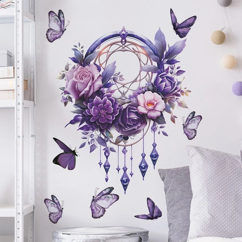 Lila Blumen Schmetterling Traumfänger Wandaufkleber PVC Abnehmbar Selbstklebend Hintergrund Wanddeko Für Schlafzimmer Wohnzimmer
