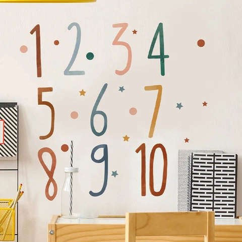 Adesivi Murali Educativi con Numeri per Bambini in PVC Removibili Numeri Arabi 1-10 Morandi con Stelle per Decorazione Camera