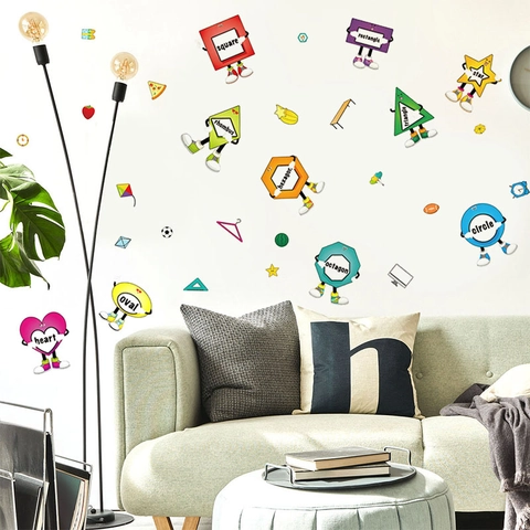 Cartoon Geometric Shapes Wall Sticker For Kids Room Educational PVC Self Adhesive Removable Early Learning Home Decor Wall Decal