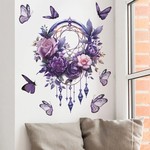 Lila Blumen Schmetterling Traumfänger Wandaufkleber PVC Abnehmbar Selbstklebend Hintergrund Wanddeko Für Schlafzimmer Wohnzimmer
