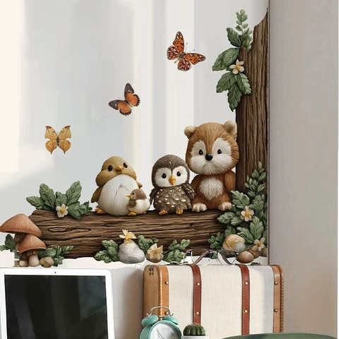 Pegatinas de Pared 3D Animales del Bosque PVC Removible Tronco de Árbol Búho Ardilla Zorro Calcomanías para Dormitorio Infantil Salón