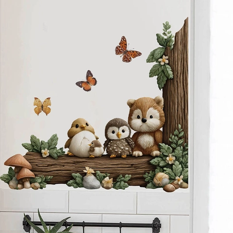 Pegatinas de Pared 3D Animales del Bosque PVC Removible Tronco de Árbol Búho Ardilla Zorro Calcomanías para Dormitorio Infantil Salón