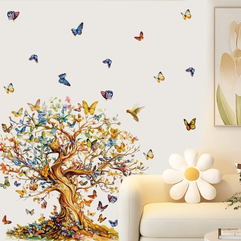 Kleurrijke Aquarel Vlinder Boom Muursticker Verwijderbare PVC Zelfklevende Kunst Decals Voor Slaapkamer Woonkamer Woondecoratie