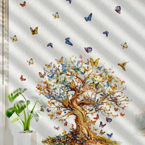 Kleurrijke Aquarel Vlinder Boom Muursticker Verwijderbare PVC Zelfklevende Kunst Decals Voor Slaapkamer Woonkamer Woondecoratie