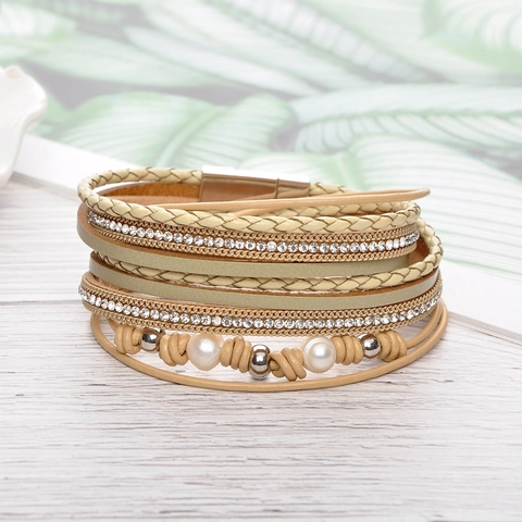 Bohemian Multi-layer Leather Wrap Bracelet For Women With Artificial Pearls Rhinestones Magnetic Alloy Clasp Hand-woven Jewelry