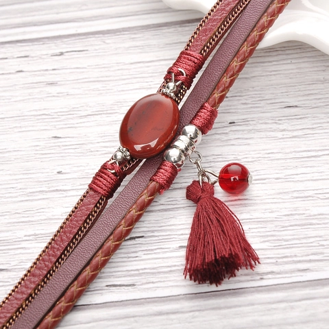 Bohemian Retro Multi-layer Leather Woven Bracelet For Women With Natural Agate Stone Tassel Magnetic Clasp Zinc Alloy Copper Chain Handmade Ethnic Jewelry