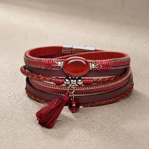 Bohemian Retro Multi-layer Leather Woven Bracelet For Women With Natural Agate Stone Tassel Magnetic Clasp Zinc Alloy Copper Chain Handmade Ethnic Jewelry