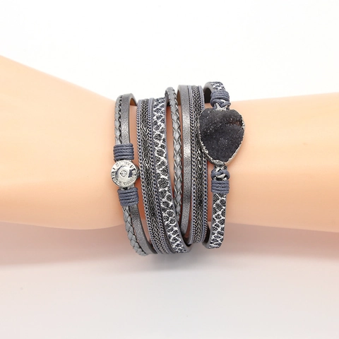 Bohemian Multi-layer Leather Wrap Bracelet For Women With Alloy Rhinestone Magnetic Clasp Artificial Druzy Stone Bracelet Jewelry