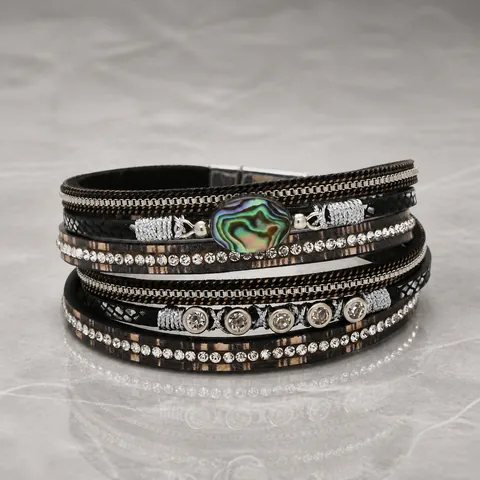 Bohemian Multilayer Wrap Bracelet For Women Abalone Shell Rhinestone Inlaid Leather Cord Magnetic Clasp Fashion Jewelry