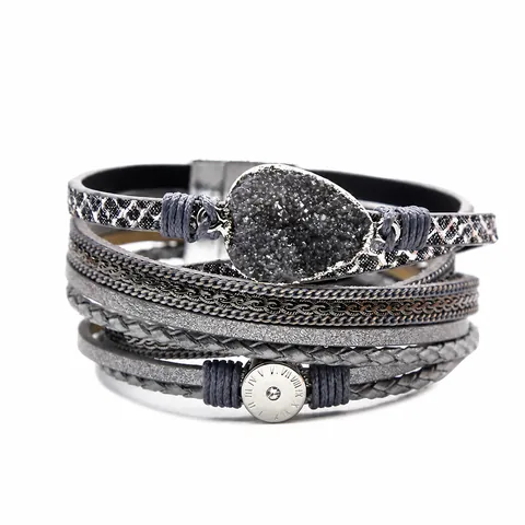 Bohemian Multi-layer Leather Wrap Bracelet For Women With Alloy Rhinestone Magnetic Clasp Artificial Druzy Stone Bracelet Jewelry