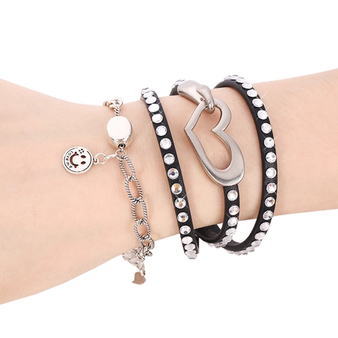 Multilayer Wrap Synthetic Leather Bracelet For Women Heart Buckle Rhinestone Inlaid Fashion Commute Jewelry Hand Accessory