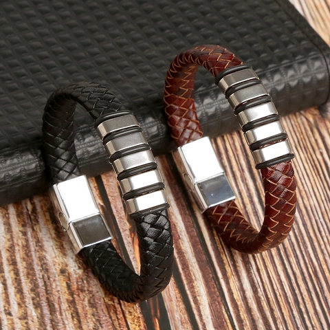 Braided Genuine Leather Bracelet For Men With Stainless Steel Beads And Magnetic Alloy Buckle Punk Trendy Jewelry