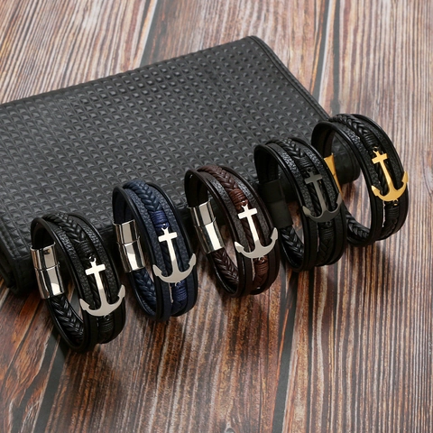 Pulsera Multicapa de Cuero Trenzado para Hombre Acero Inoxidable Ancla Cruz Colgante Náutico Punk Cierre Magnético Joyería