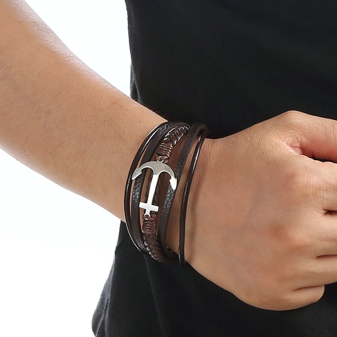 Pulsera Multicapa de Cuero Trenzado para Hombre Acero Inoxidable Ancla Cruz Colgante Náutico Punk Cierre Magnético Joyería