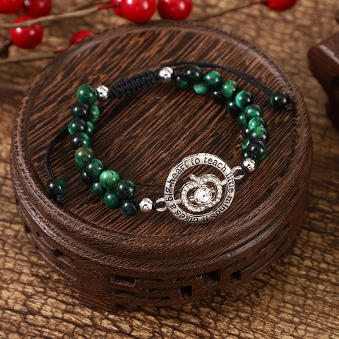 Natural Tiger Eye Beaded Bracelet With Apple Pendant Engraved Inspirational Quote Adjustable Braided Rope Rhinestone Bracelet Teacher Appreciation Gift Women Jewelry