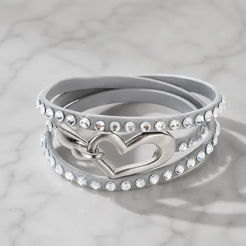 Bracciale Avvolgente Multistrato in Pelle Sintetica per Donna Fibbia a Cuore con Strass Intarsiati Gioielli alla Moda