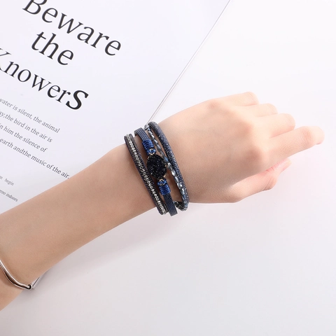 Bracelet Multicouche en Cuir Bohème Femmes Cristal Strass Incrusté Pierre Druzy Fermoir Magnétique Bijoux de Mode Cadeau